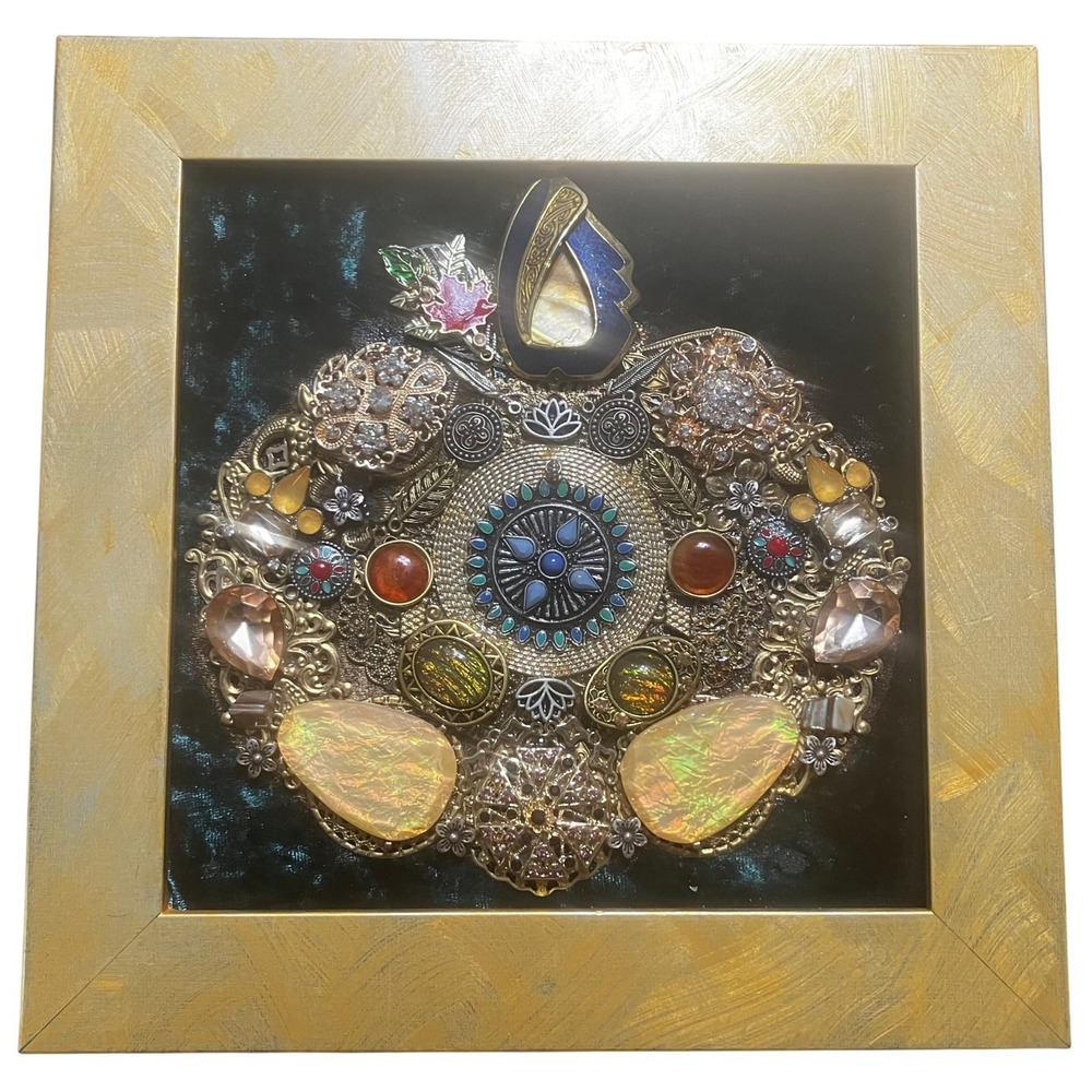 Handmade Framed Jewelry Art Mosaic Apple 10x10 Gold Green Velvet Mixed